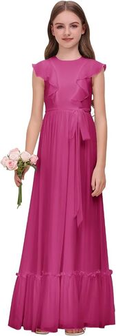 Chiffon Junior Bridesmaid Dress for Wedding Ruffle Sleeves Crew Neck Long Belt Party Formal Flower Girl Dress in Saudi Arabia