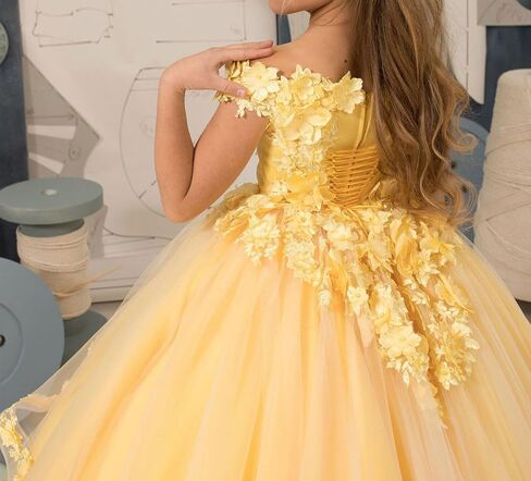 Tulle Flower Girl Dress Off Shoulder Pageant Dress for Girls Floral Appliques Ball Gown First Communion Maxi Party Dress in Kuwait