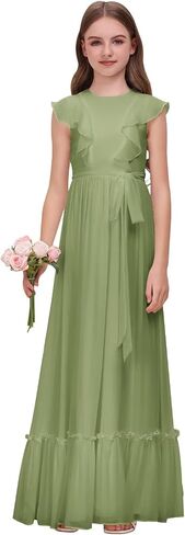 Chiffon Junior Bridesmaid Dress for Wedding Ruffle Sleeves Crew Neck Long Belt Party Formal Flower Girl Dress in Saudi Arabia