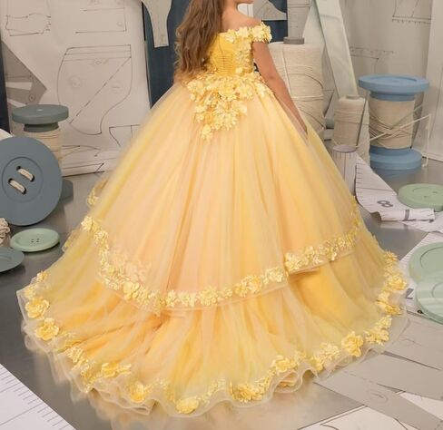Tulle Flower Girl Dress Off Shoulder Pageant Dress for Girls Floral Appliques Ball Gown First Communion Maxi Party Dress in Kuwait