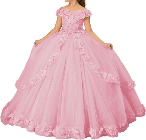 Tulle Flower Girl Dress Off Shoulder Pageant Dress for Girls Floral Appliques Ball Gown First Communion Maxi Party Dress in Kuwait