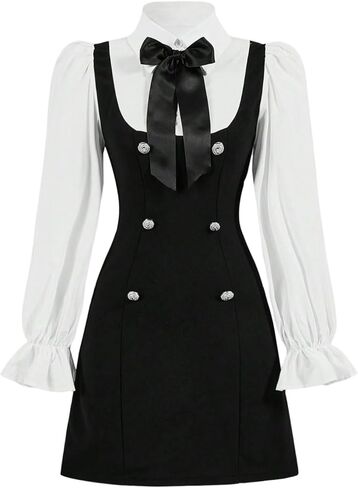 Floerns Girl's Bowknot Collar Patchwork Dress Long Sleeve A Line Short Graduation Dresses in Saudi Arabia