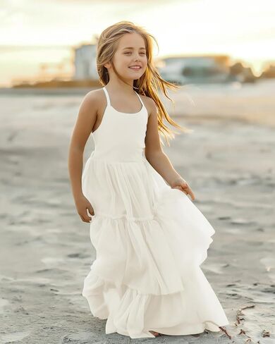 Boho Flower Girls Dress Tulle Backless Ruffle Girls Dress Beach Wedding Tiered Flowy Party Maxi Gown in Saudi Arabia