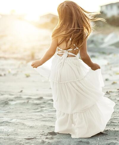 Boho Flower Girls Dress Tulle Backless Ruffle Girls Dress Beach Wedding Tiered Flowy Party Maxi Gown in Saudi Arabia