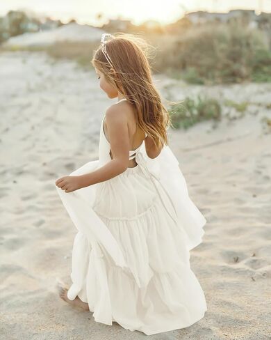 Boho Flower Girls Dress Tulle Backless Ruffle Girls Dress Beach Wedding Tiered Flowy Party Maxi Gown in Saudi Arabia