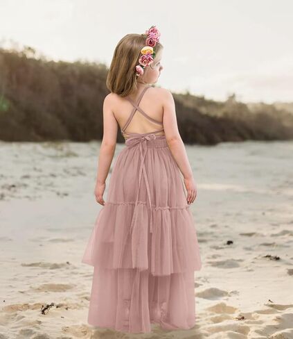Boho Flower Girls Dress Tulle Backless Ruffle Girls Dress Beach Wedding Tiered Flowy Party Maxi Gown in Kuwait