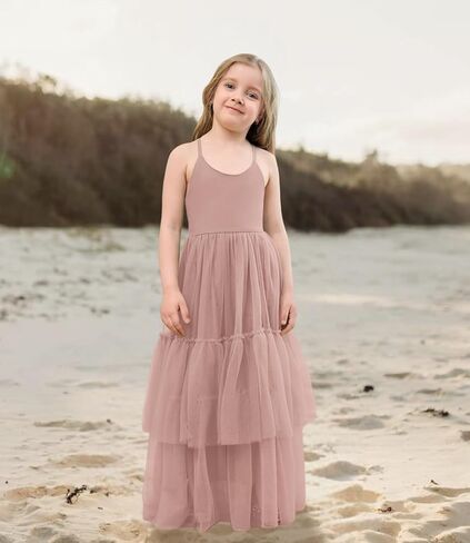 Boho Flower Girls Dress Tulle Backless Ruffle Girls Dress Beach Wedding Tiered Flowy Party Maxi Gown in Kuwait