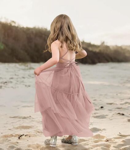 Boho Flower Girls Dress Tulle Backless Ruffle Girls Dress Beach Wedding Tiered Flowy Party Maxi Gown in Kuwait