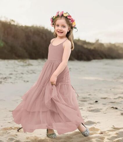 Boho Flower Girls Dress Tulle Backless Ruffle Girls Dress Beach Wedding Tiered Flowy Party Maxi Gown in Kuwait