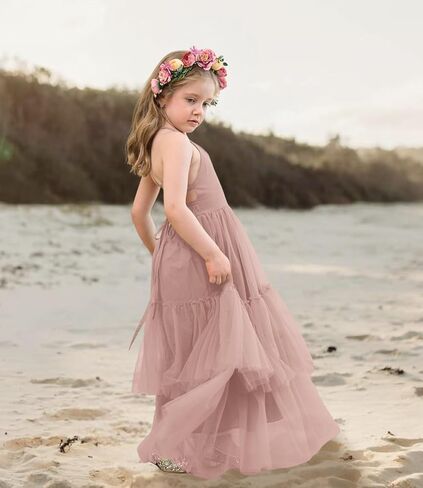 Boho Flower Girls Dress Tulle Backless Ruffle Girls Dress Beach Wedding Tiered Flowy Party Maxi Gown in Kuwait