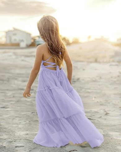 Boho Flower Girls Dress Tulle Backless Ruffle Girls Dress Beach Wedding Tiered Flowy Party Maxi Gown in Saudi Arabia