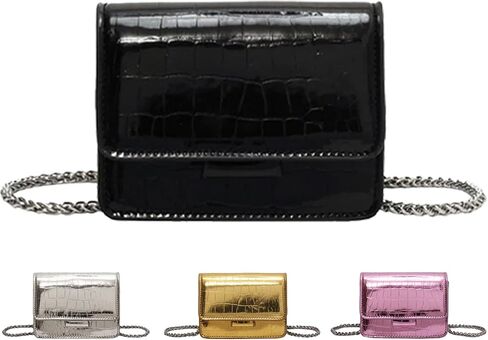 حقيبة Mini Crossbody للنساء - Patent Leather Crocodile Preme مع حزام سلسلة فضية ، قابض صغير للحفلة المسائية in Kuwait