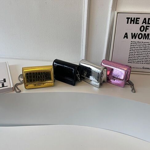 حقيبة Mini Crossbody للنساء - Patent Leather Crocodile Preme مع حزام سلسلة فضية ، قابض صغير للحفلة المسائية in Kuwait