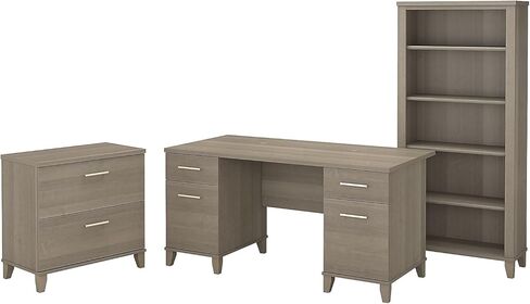 مكتب مكتب Bush Furniture Somerset 60W مع خزانة ملفات جانبية وخزانة كتب ذات 5 أرفف في Hansen Cherry in Kuwait