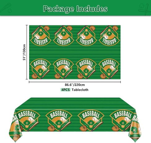 4-Pack Baseball Tablecovers, Baseball Birthday Decorations Baseball Party Supplies Disposable Plastic Tablecloth Baseball Field Print Tablecover for Baseball Theme Party Baseball Games, 51 x 86in in Kuwait