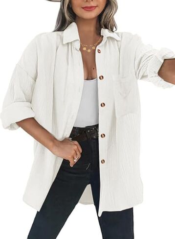 Womens Button Down Shirts Long Sleeve Cotton Gauze Tops Casual Collared Blouses Loose Fit with Pocket in Saudi Arabia