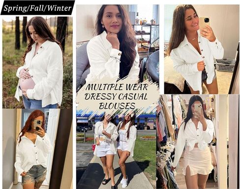 Womens Button Down Shirts Long Sleeve Cotton Gauze Tops Casual Collared Blouses Loose Fit with Pocket in Saudi Arabia