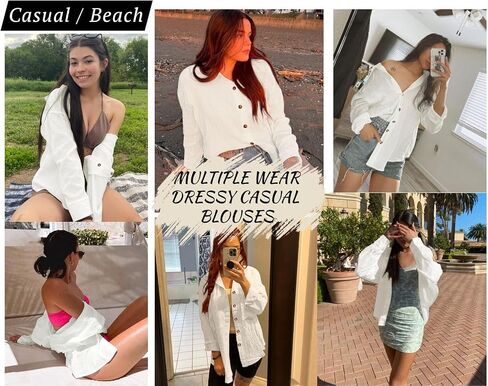 Womens Button Down Shirts Long Sleeve Cotton Gauze Tops Casual Collared Blouses Loose Fit with Pocket in Saudi Arabia