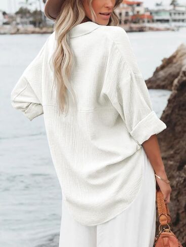Womens Button Down Shirts Long Sleeve Cotton Gauze Tops Casual Collared Blouses Loose Fit with Pocket in Saudi Arabia