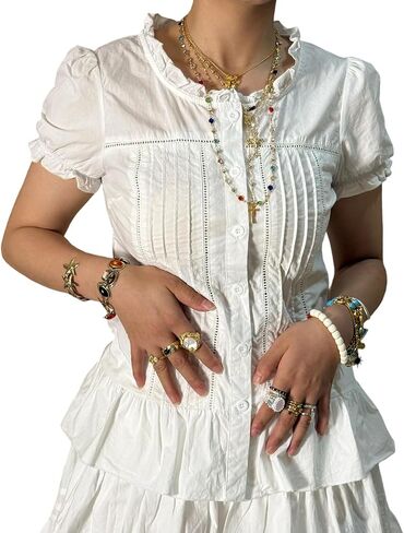 Vintage 90s Crop Shirt Women Cap Sleeve Lapel Collar Button Down Slim Fit Ruched Shirts Tie Back in Kuwait