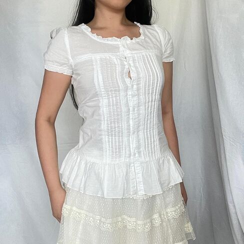 Vintage 90s Crop Shirt Women Cap Sleeve Lapel Collar Button Down Slim Fit Ruched Shirts Tie Back in Kuwait