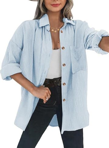 Womens Button Down Shirts Long Sleeve Cotton Gauze Tops Casual Collared Blouses Loose Fit with Pocket in Saudi Arabia