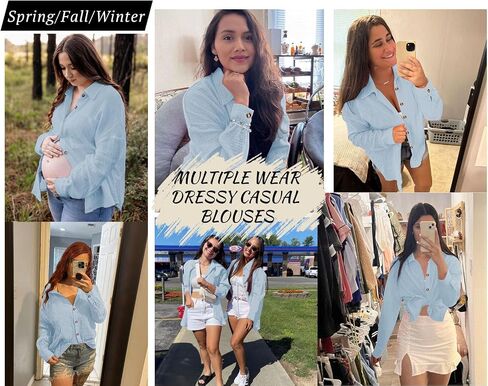 Womens Button Down Shirts Long Sleeve Cotton Gauze Tops Casual Collared Blouses Loose Fit with Pocket in Saudi Arabia