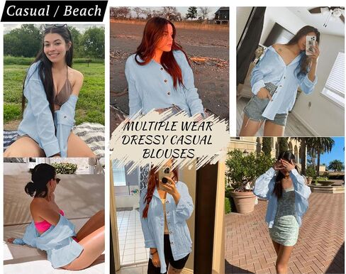 Womens Button Down Shirts Long Sleeve Cotton Gauze Tops Casual Collared Blouses Loose Fit with Pocket in Saudi Arabia
