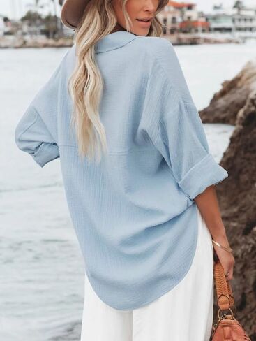 Womens Button Down Shirts Long Sleeve Cotton Gauze Tops Casual Collared Blouses Loose Fit with Pocket in Saudi Arabia