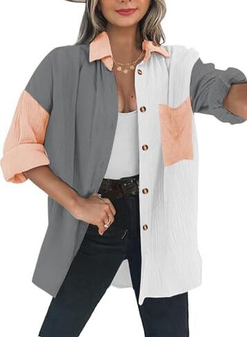 Womens Button Down Shirts Long Sleeve Cotton Gauze Tops Casual Collared Blouses Loose Fit with Pocket in Saudi Arabia