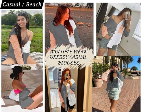 Womens Button Down Shirts Long Sleeve Cotton Gauze Tops Casual Collared Blouses Loose Fit with Pocket in Saudi Arabia