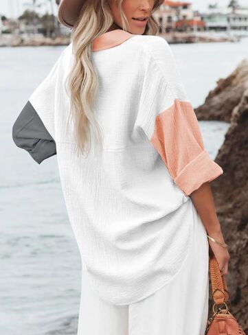 Womens Button Down Shirts Long Sleeve Cotton Gauze Tops Casual Collared Blouses Loose Fit with Pocket in Saudi Arabia