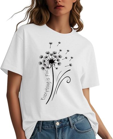 Womens t Shirts Short Sleeve Casual Summer Loose Round Neck Everything is Fine & Dandelion Graphic Tops for Women in Kuwait