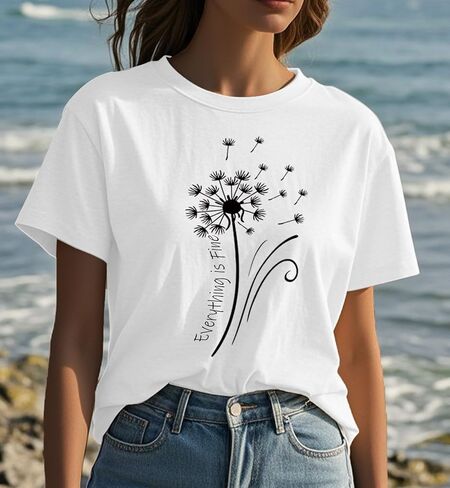 Womens t Shirts Short Sleeve Casual Summer Loose Round Neck Everything is Fine & Dandelion Graphic Tops for Women in Kuwait
