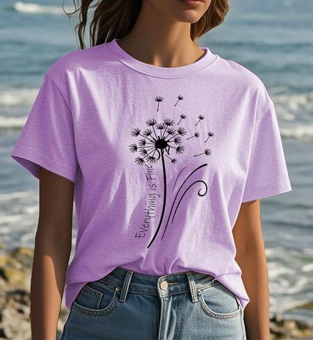 Womens t Shirts Short Sleeve Casual Summer Loose Round Neck Everything is Fine & Dandelion Graphic Tops for Women in Kuwait