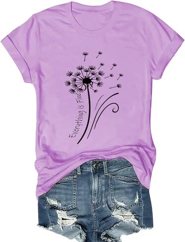 Womens t Shirts Short Sleeve Casual Summer Loose Round Neck Everything is Fine & Dandelion Graphic Tops for Women in Kuwait