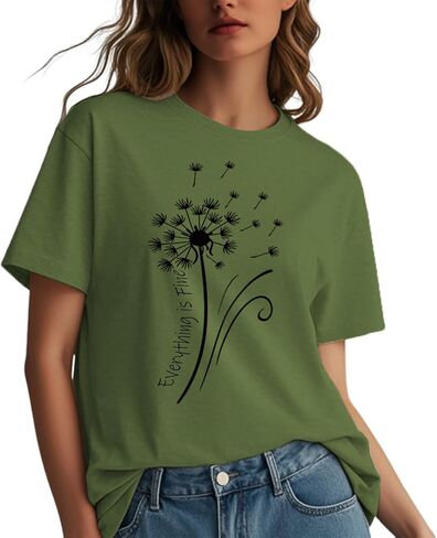 Womens t Shirts Short Sleeve Casual Summer Loose Round Neck Everything is Fine & Dandelion Graphic Tops for Women in Kuwait