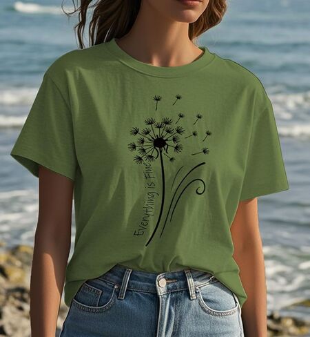 Womens t Shirts Short Sleeve Casual Summer Loose Round Neck Everything is Fine & Dandelion Graphic Tops for Women in Kuwait