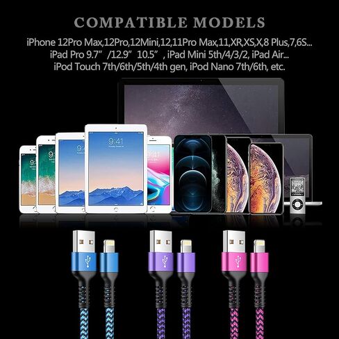 iPhone Charger 4Pack/3-6ft, Long Braided Lightning Cables, Fast Charging Power Charger Cords for iPhone 14 13 12 Pro Max/11Pro Max/SE/X/XS/XR/8/7 Plus, iPad Mini, Air, Cargador Wire Lightening Colored in Saudi Arabia