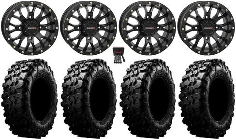 Bundle - 9 Items: System 3 ST-3 Black 15" Wheels 32" Carnivore Tires [4x137 Bolt Pattern 10mmx1.25 Lug Kit] in Saudi Arabia