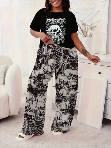 Verdusa Women's Plus Size 2 قطعة رسومات جمجمة Pajama مجموعة القوطي القوطية قصيرة Tee Top و Pants Loungewear in Kuwait