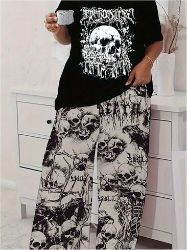 Verdusa Women's Plus Size 2 قطعة رسومات جمجمة Pajama مجموعة القوطي القوطية قصيرة Tee Top و Pants Loungewear in Kuwait
