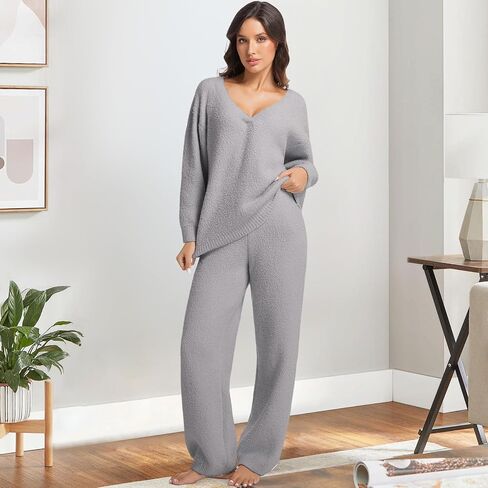 2 قطعة من بيجامات الصوف للنساء مجموعات V-theck سترة سترة المرأة طويلة الأكمام غامضة. in Kuwait