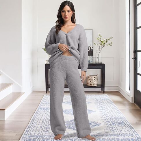 2 قطعة من بيجامات الصوف للنساء مجموعات V-theck سترة سترة المرأة طويلة الأكمام غامضة. in Kuwait