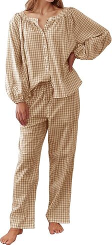 Flygo Womens Gingham Pajama مجموعة 2 قطعة من القطن منقو in Kuwait