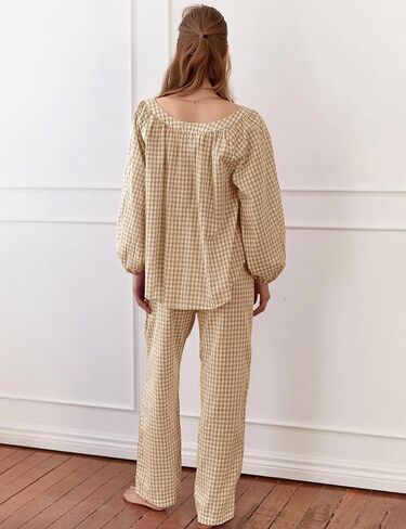 Flygo Womens Gingham Pajama مجموعة 2 قطعة من القطن منقو in Kuwait