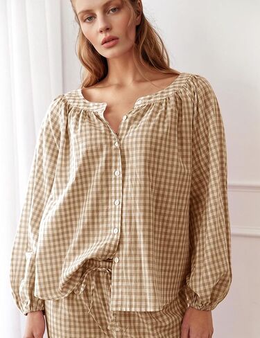 Flygo Womens Gingham Pajama مجموعة 2 قطعة من القطن منقو in Kuwait