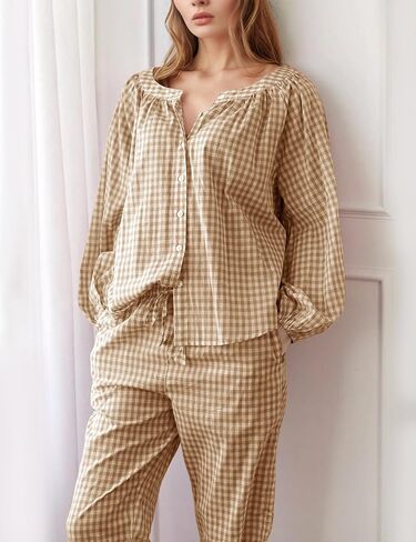 Flygo Womens Gingham Pajama مجموعة 2 قطعة من القطن منقو in Kuwait