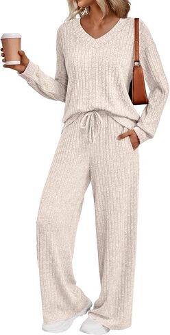 مجموعات Lillusory Lounge للنساء 2 قطعة لطيفة الأكمام الطويلة الخامس قمم عنق بيجاما سروال PJS مجموعات ملابس النوم الخريف ملابس الملابس in Kuwait