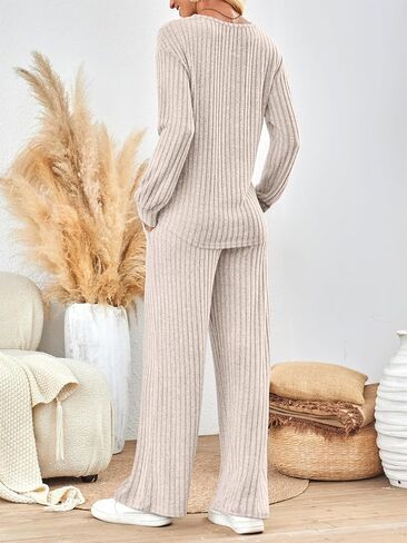 مجموعات Lillusory Lounge للنساء 2 قطعة لطيفة الأكمام الطويلة الخامس قمم عنق بيجاما سروال PJS مجموعات ملابس النوم الخريف ملابس الملابس in Kuwait